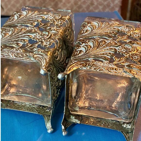 Vintage Glass Bottles 4.5” Tall in Silver Ornate Stands – Pair - Picture 2 of 3